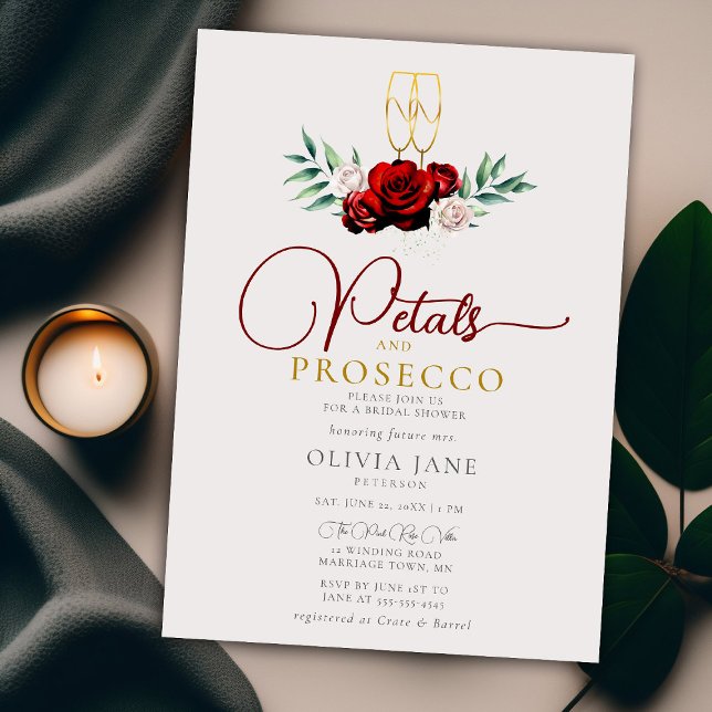 Petals Prosecco Red White Roses Ecru Bridal Shower Invitation (Creator Uploaded)