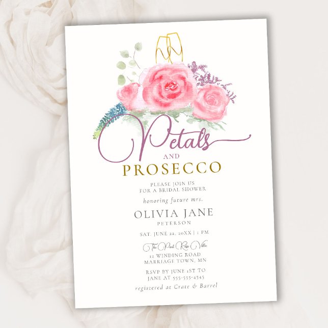 Petals Prosecco Roses Gold Flutes Bridal Shower Invitation (Creator Uploaded)