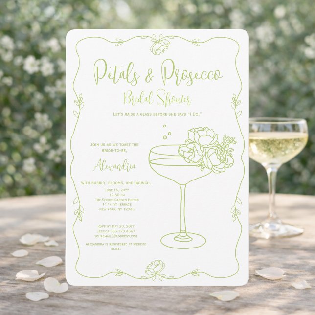 Petals Prosecco Sage Hand Drawn Bridal Shower Invitation (Creator Uploaded)