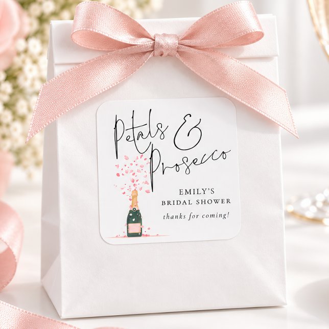 Petals Prosecco Script Bridal Shower Thanks Square Sticker (Creator Uploaded)
