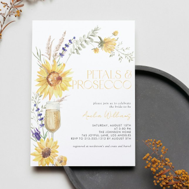 Petals & Prosecco Sunflower Lavender Bridal Shower Invitation (Easily personalize this sunflower Petals & Prosecco invite for the perfect fall bridal shower)