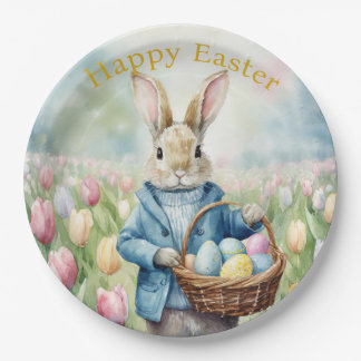 Peter Easter Bunny field of tulips Easter eggs Paper Plate