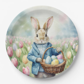 Peter Easter Bunny field of tulips Easter eggs Paper Plate