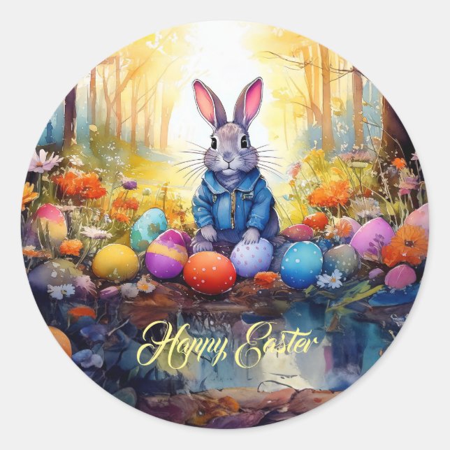 Peter Easter Bunny with Easter Eggs Classic Round Sticker (Front)