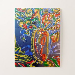 Peter Max colourful watercolor Vase with flowers Jigsaw Puzzle
