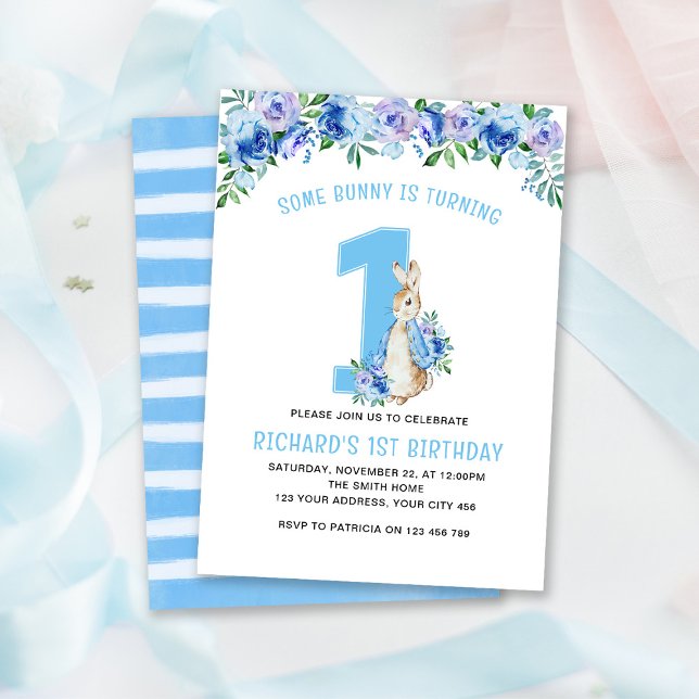 Peter Rabbit 1st Birthday Blue Floral Invitation (Creator Uploaded)