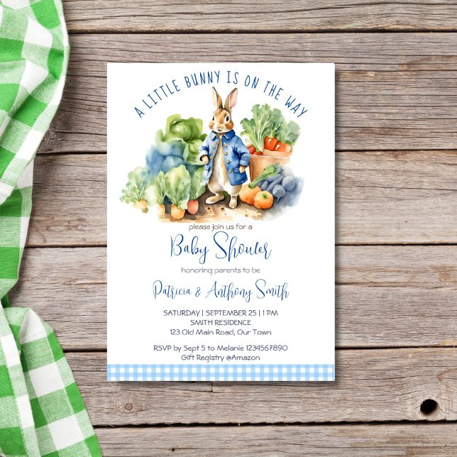 Peter rabbit baby boy baby shower  invitation (Peter rabbit baby boy baby shower invitation editable template download cute bunny vegetable garden)