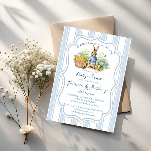 Peter rabbit baby boy baby shower  invitation (Peter rabbit vegetable garden dusty blue retro stripes boy baby shower invitation cards template)