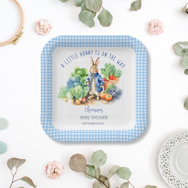 Peter rabbit baby boy baby shower printed paper plate (Peter rabbit boy baby shower printed paper plates personalized decor blue gingham vegetable garden)