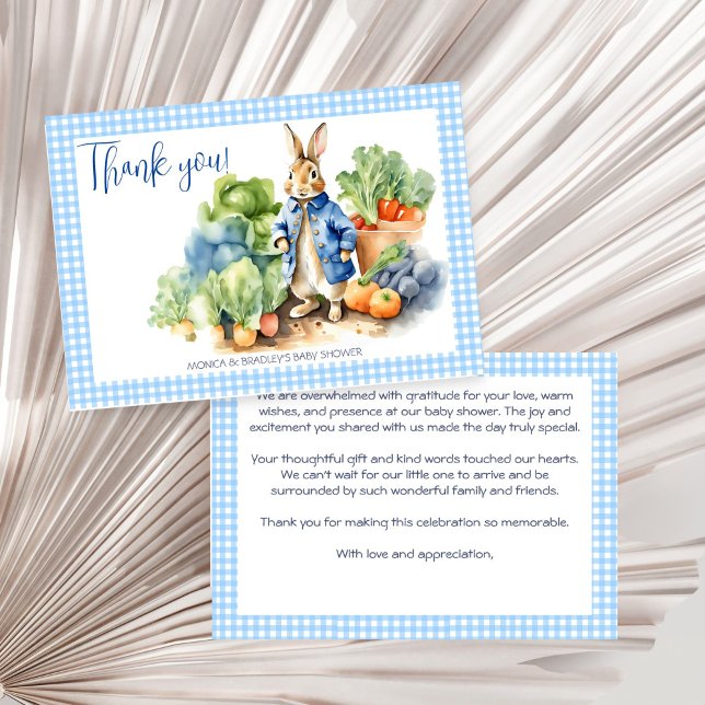 Peter rabbit baby boy baby shower  thank you card (Peter rabbit baby boy baby shower thank you card blue gingham veggie garden cute bunny thank you)