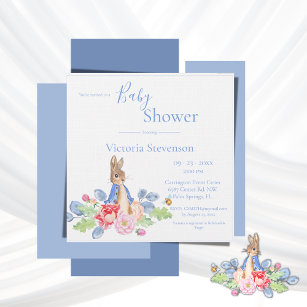 Peter Rabbit Blue Floral Baby Shower Invitation