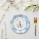 Peter Rabbit Blue White Gingham Baby Shower Paper Plate<br><div class="desc">Classic Peter Rabbit illustration; background colour behind print and blue border are both editable,  along with all of the text</div>
