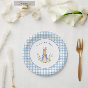 Peter Rabbit Blue White Gingham Baby Shower Paper Plate