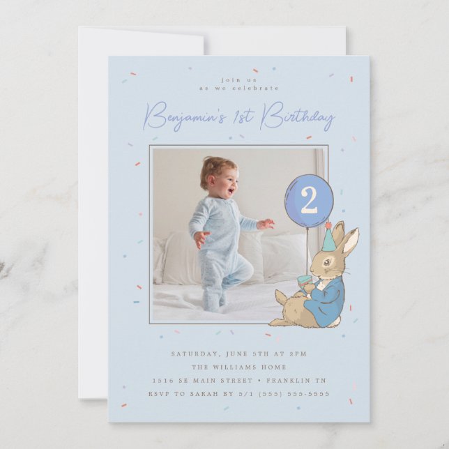 Peter Rabbit Boy's Birthday BlueConfetti - Photo Invitation (Front)