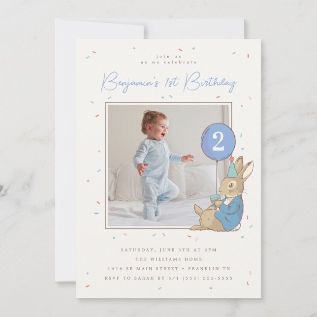 Peter Rabbit Boy's Birthday BlueConfetti - Photo Invitation (Front)