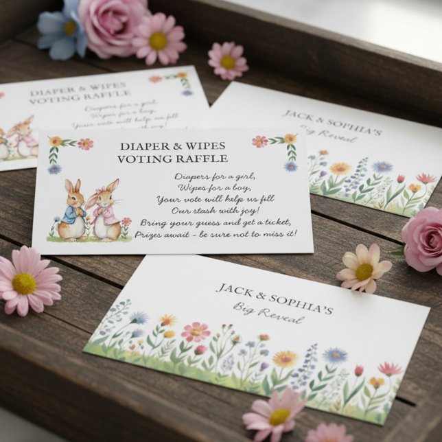 Peter Rabbit Diaper and Wipes Raffle Guessing Game Enclosure Card (Peter Rabbit storybook themed gender reveal diaper & wipes voting raffle cards)