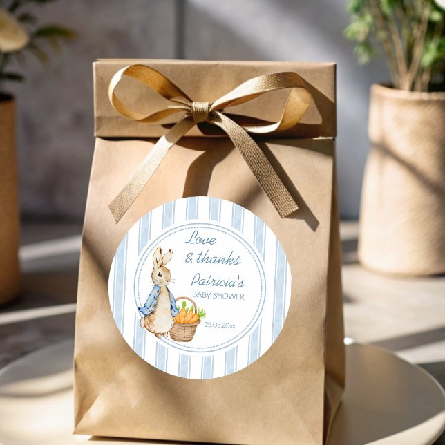 Peter rabbit dusty blue stripes baby shower favour classic round sticker (Peter rabbit dusty blue stripes baby shower favor classic round sticker)