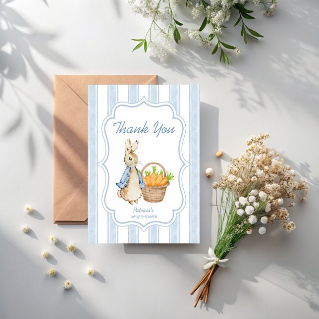 Peter rabbit dusty blue stripes boy baby shower  thank you card (Peter rabbit vintage dusty blue stripes boy baby shower thank you cards)