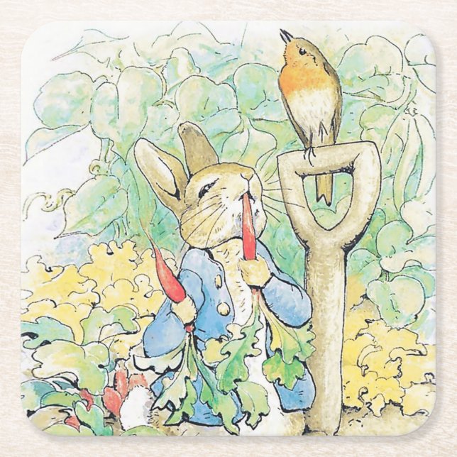 “Peter Rabbit Eats a Carrot” by Beatrix Potter Square Paper Coaster (Front)