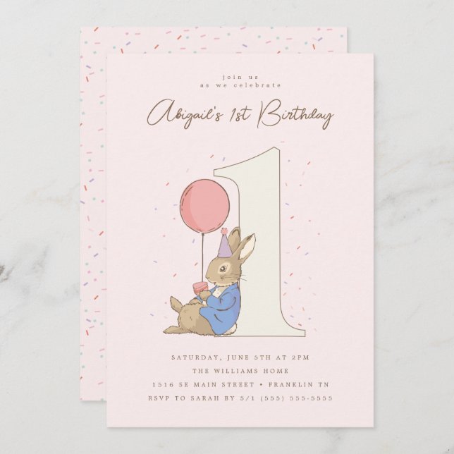 Peter Rabbit Girl's 1st Birthday Pink Confetti Invitation (Front/Back)