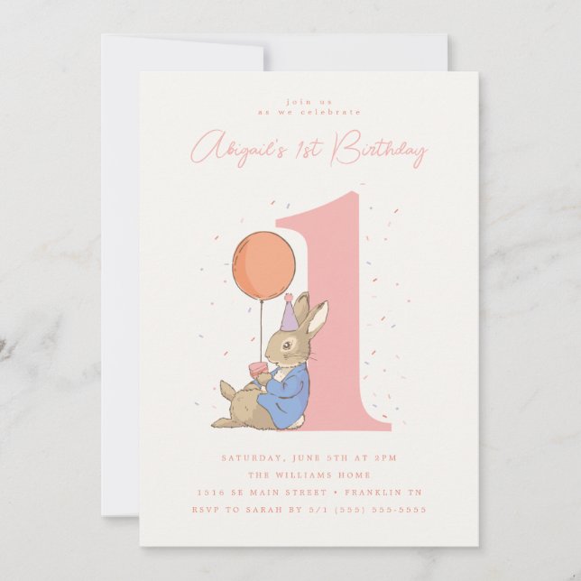Peter Rabbit Girl's 1st Birthday Pink Confetti Invitation (Front)