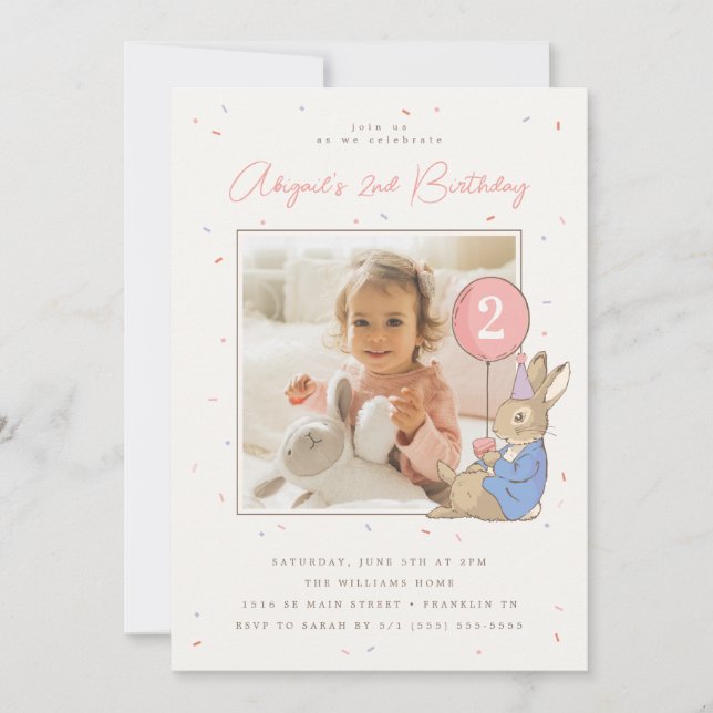 Peter Rabbit Girl's Birthday Pink Confetti - Photo Invitation (Front)
