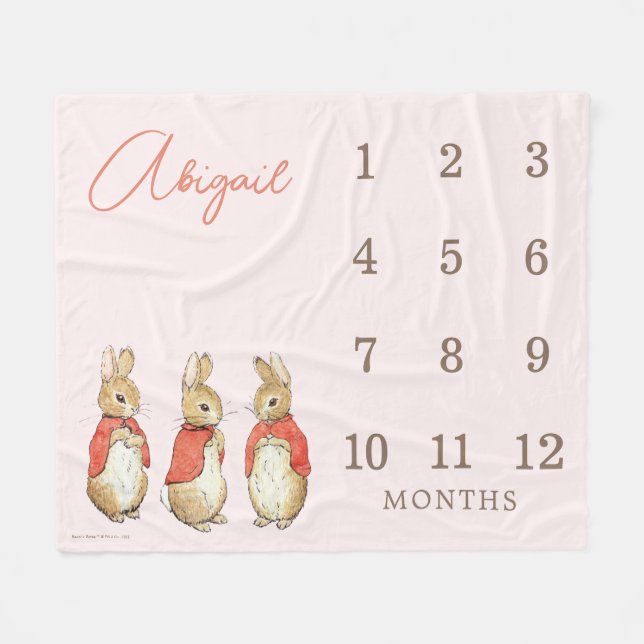 Peter Rabbit | Pink Baby Girl 12 Month Milestone  Fleece Blanket (Front (Horizontal))