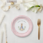 Peter Rabbit Pink Gingham Baby Shower Paper Plate<br><div class="desc">Classic Peter Rabbit illustration; background colour of the print and border are both editable,  along with all of the text</div>