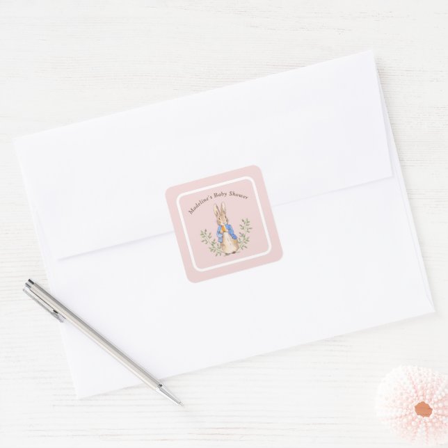 Peter Rabbit Pink Vintage Baby Shower Square Sticker (Envelope)