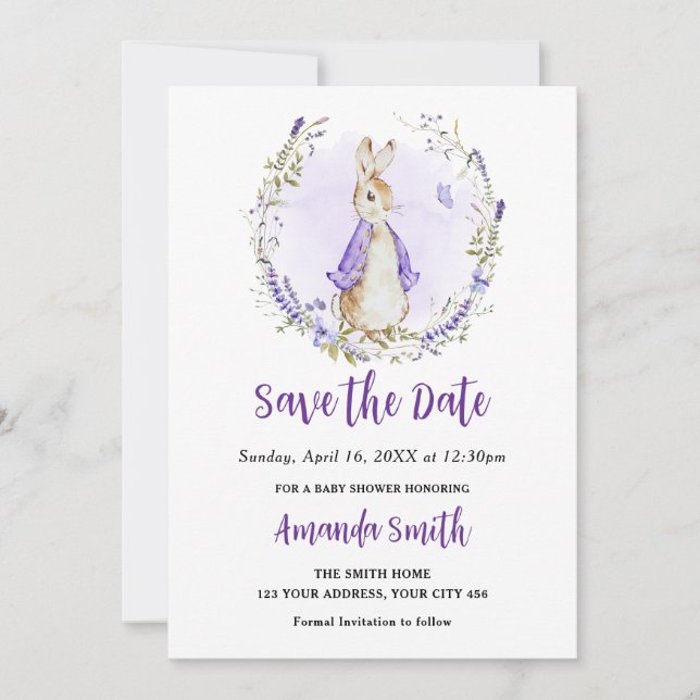 Peter Rabbit Purple Baby Shower Save The Date (Front)