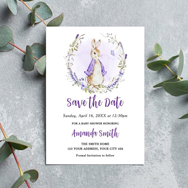 Peter Rabbit Purple Baby Shower Save The Date (Creator Uploaded)