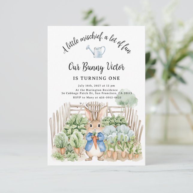Peter Rabbit Veggie Garden Party First Birthday Invitation (Standing Front)