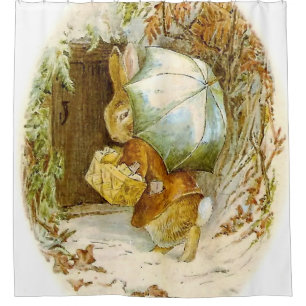 “Peter Rabbit with Winter Umbrella” by Beatrix Pot Shower Curtain