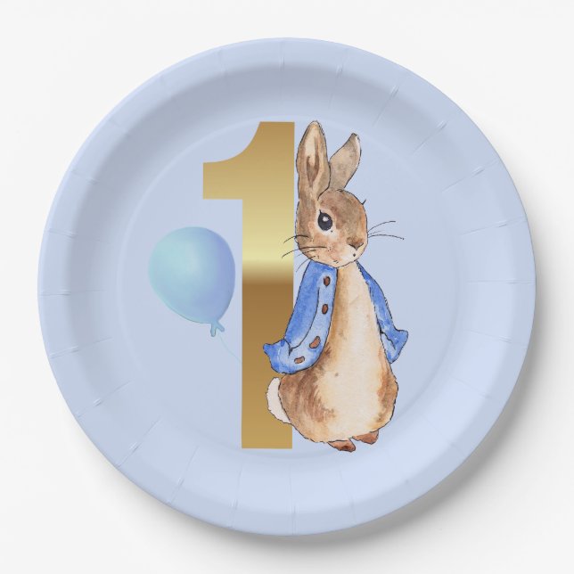 Peter the Rabbit 1st Birthday Blue balloon Paper Plate (Front)