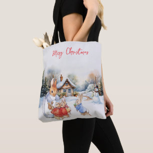Peter the Rabbit and a Snowman Merry Christmas Tote Bag