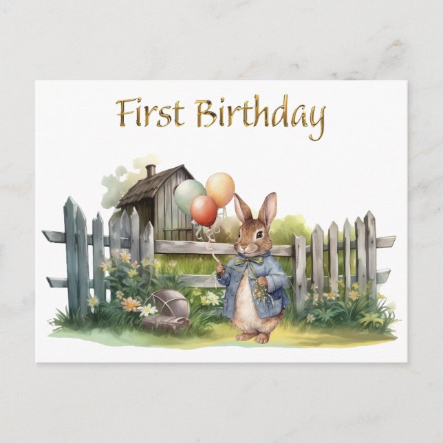 Peter the rabbit balloons First Birthday Postcard (Front)