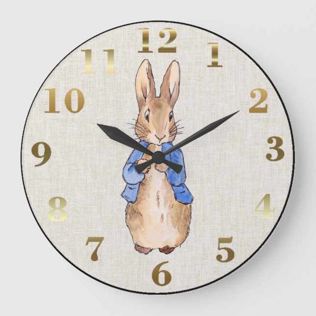 Peter the Rabbit Beige Linen Background Large Clock (Front)