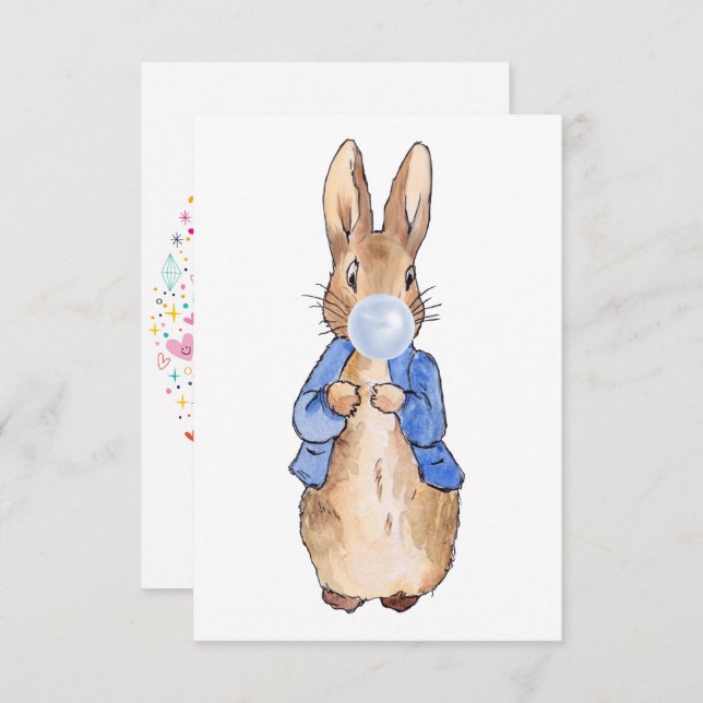Peter the Rabbit Blowing Blue Bubble gum   Thank You Card (Front/Back)