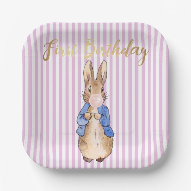 Peter the Rabbit Blowing Pink Bubble gum  Paper Plate (Front)