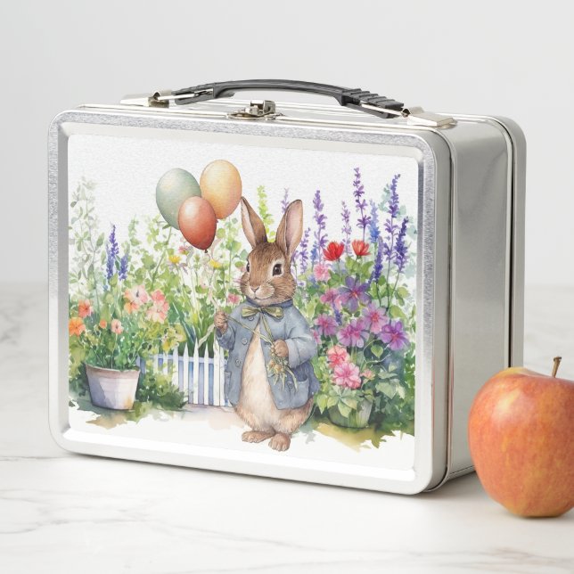 Peter the rabbit blue jacket balloons garden metal lunch box (In Situ)
