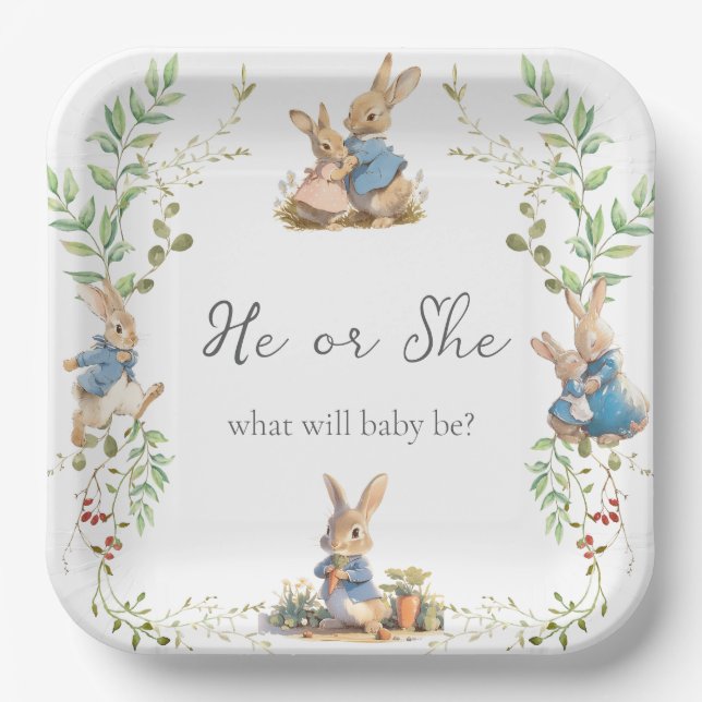 Peter the Rabbit Botanical Gender Reveal  Paper Plate (Front)