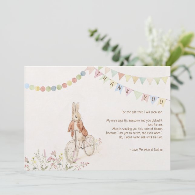 Peter the Rabbit Bunny Gender Neutral Books Baby  Thank You Card (Standing Front)