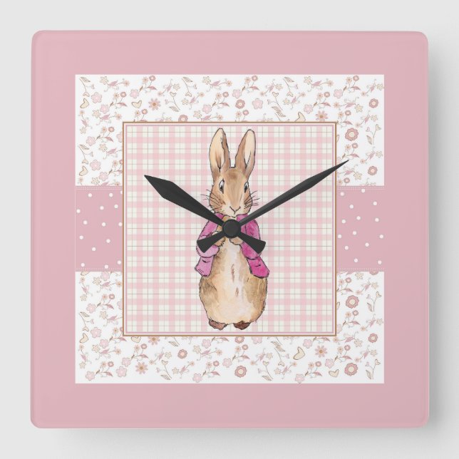 Peter the Rabbit Check & Floral pattern Square Wall Clock (Front)