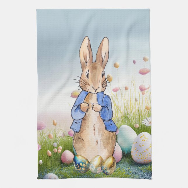 Peter the Rabbit Easter eggs and wildflowers Tea Towel (Vertical)