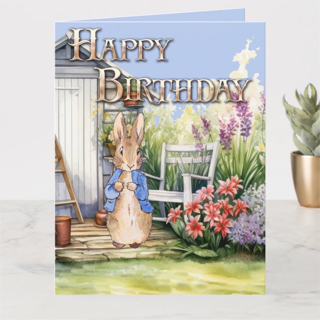 Peter the Rabbit Garden Shed Happy Birthday Card (Small Plant)