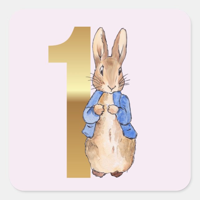 Peter the Rabbit Gold 1st Birthday Pink Square Sticker (Front)