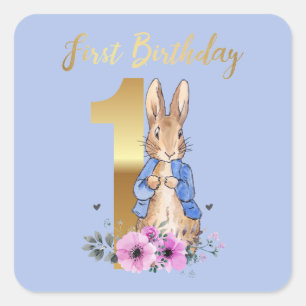 Peter the Rabbit Gold 1st Birthday Square Sticker