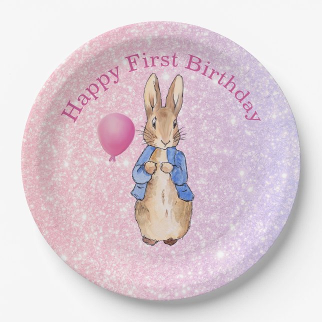 Peter the Rabbit happy first birthday Pink glitter Paper Plate (Front)