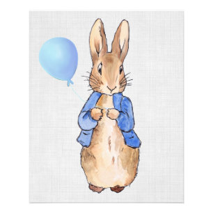 Peter the Rabbit holding blue balloon grey linen Photo Print