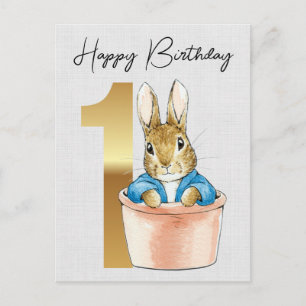 Peter the rabbit in a pot 1st birthday postcard